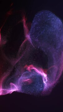 Elegant purple pink abstract particle swirl background loop. Decorative vertical surreal luxury 3D animation backdrop. Glowing light streaks and vibrant sparks showcase backplate.