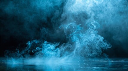 Ground blue and white fog background, 3d rendering. Smoke cloud scene neon light. Spooky dark magic haze. Panoramic view of the abstract fog.