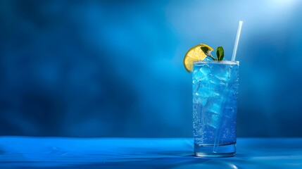 Blue Cocktail with Lemon and Mint on Blue Background