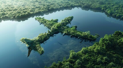 3D rendering illustrating a lake shaped like an airplane amidst untouched nature, representing the ecology of air transport and ecotourism.