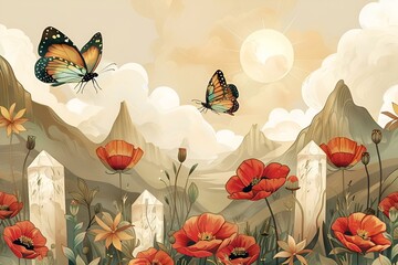 Piękne motyle na łące wśród gór