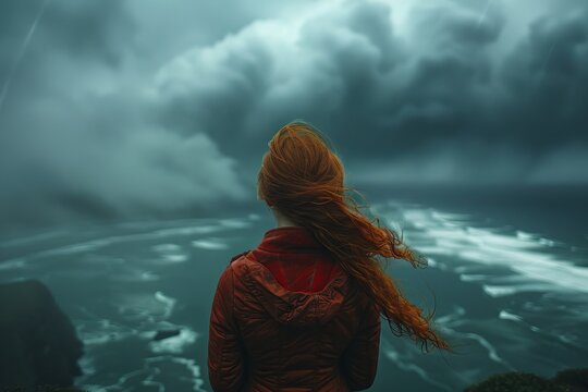 A moment of introspection is captured as a woman with windswept hair stares out at the churning ocean below an ominous clouded sky - Powered by Adobe