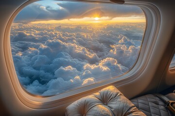 A lavish plane interior with plush seats offers a breathtaking window view of a golden sunrise over clouds