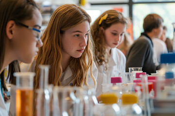 middle school students engaging in a group science project