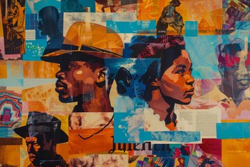 Dynamic collage combining portraits of African American leaders, cultural symbols, Juneteenth. Social justice concept or Emancipation Day representing freedom and equal rights celebration
