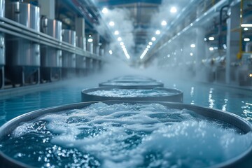 High-tech brewery tanks dominated by steam and foam, encapsulating the brewing process