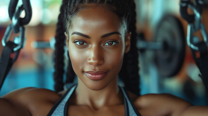 Obraz premium African American athletic woman using exercise machine during sports training in health club.