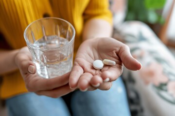 Close-up of a woman's hands as she prepares to take medication, holding a glass of clear water in one hand and two pills in the other, indoors with soft background