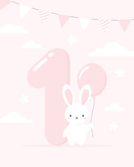 Baby girl first year anniversary birthday card. A cute rabbit with a balloon standing near the big number one on a pink background. Flat vector illustration