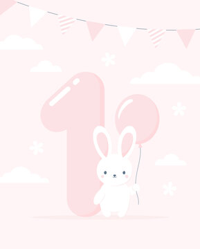 Baby girl first year anniversary birthday card. A cute rabbit with a balloon standing near the big number one on a pink background. Flat vector illustration