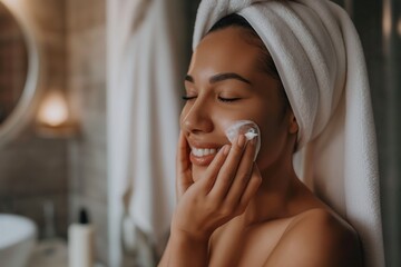 Serene young woman with a towel on her head applies moisturizing facial cream, enjoying a moment of self-care in a warmly lit, luxurious bathroom setting