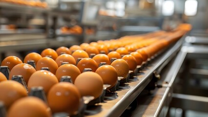 Robotic egg production line in a modern indoor food processing facility. Concept Food Processing, Modern Technology, Egg Production, Indoor Facility, Robotic System