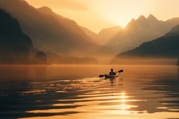 Person kayaking on a calm lake at sunset - Powered by Adobe