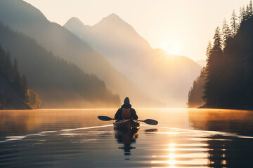 Kayaker enjoying a tranquil lake surrounded by mountains - Powered by Adobe
