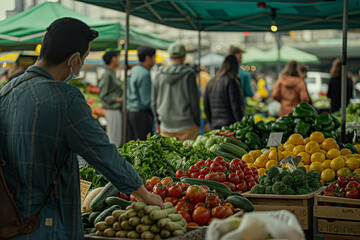 Organic farm market bustling with activity in an urban setting