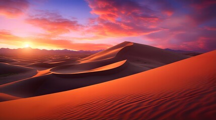 Panoramic view of sand dunes in the desert at sunrise