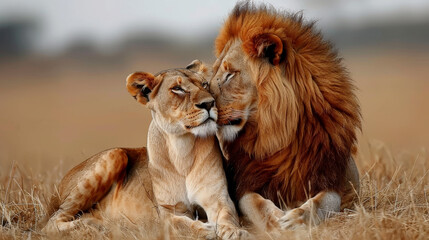 African Lion Pair Cuddling in the Wild