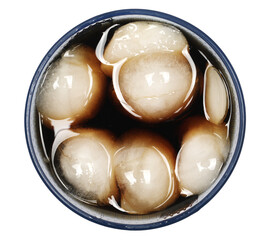 Refreshing soft drink, glass cold cola with balls of ice isolated on white, top view, clipping path