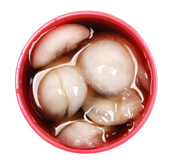 Refreshing soft drink, cold cola in red plastic cup with balls of ice isolated on white, top view,...
