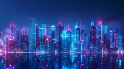 A cityscape against a dark blue background with bright glowing neon lights, representing a technology-driven urban environment in vector format.