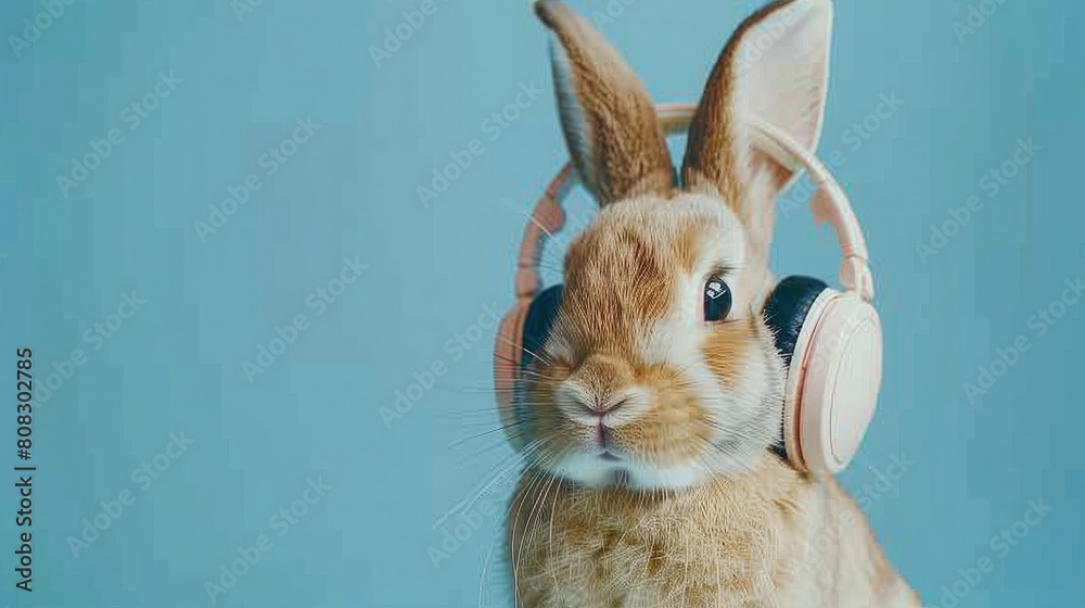 Wall mural a bunny rabbit wearing headphones isolated on blue background realistic - Wall murals
