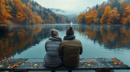 Obraz premium Two People Sitting on Dock by Lake