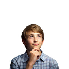 Young Boy in a Blue Checkered Shirt Deep in Thought Looking Upward