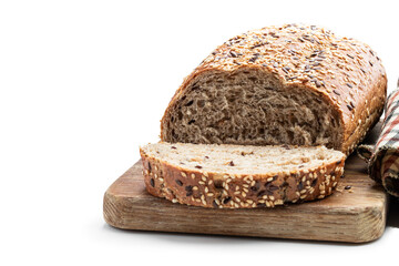 Sliced wholemeal rye bread with pearl barley isolated on white