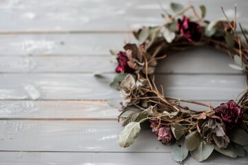 Vintage Dried Flower Wreath with Eucalyptus and Roses on a Whitewashed Wooden Background. Generative AI