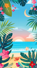 Fototapeta na wymiar A simple flat template of summer beach with palm leaves and flowers, vibrant colors , colorful background, no shadows, simple design for kids book, minimalist style, vector art. Generated AI