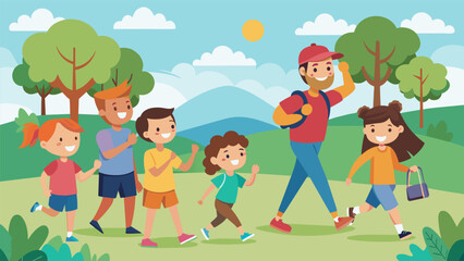 As part of a school field trip kids and their families embark on a fitness scavenger hunt learning about the benefits of staying active and exploring. Vector illustration