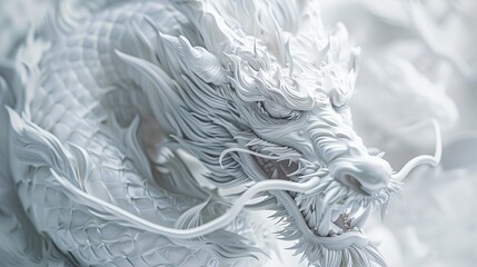 serpentine white Chinese dragon sculpture with flowing whiskers