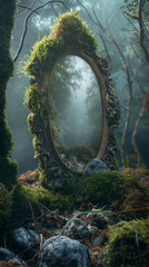 Enchanted oval mirror reflecting dense mist in moody forest