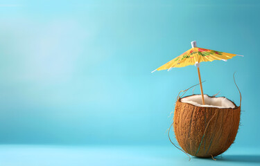 A coconut with an umbrella and cocktail on a blue background, depicting a summer concept. The style is minimal. A banner with space for copy text. Generated AI