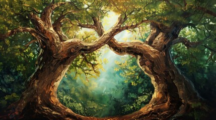 a captivating acrylic painting of two majestic trees, their trunks elegantly twisted towards each...