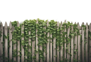 Obraz premium An old vertical wooden fence overgrown with a weaving green ivy leaves isolated on transparent background