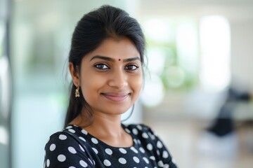 Portrait of a young indian woman featuring a warm, inviting smile, wearing traditional earrings and a bindi, with a soft, blurred background enhancing her natural beauty