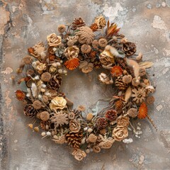 Autumn wreath with dried flowers and pine cones on a textured grey background. Flat lay photography with copy space. Harvest and Thanksgiving decoration concept.  Generative AI