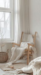 A cozy reading corner with a wooden chair and a knitted blanket