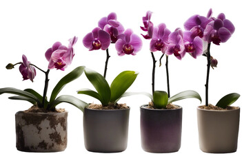 Set of flowering orchids in four various pots isolated on a transparent background