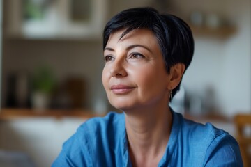 Close-up portrait of a middle-aged woman with short black hair, wearing a blue top, gazing into the distance with a thoughtful and serene expression in a warmly lit indoor environment