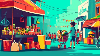 A child working as a street vendor, flat solid color illustration, vibrant turquoise background,