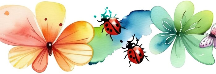 Obraz premium Ladybug daisy flower background. Spring, summer flyer. Mothers day Birthday. Grass, leaf, butterfly, watercolor grunge floral pattern. Isolated modern season illustration. Nature greeting card