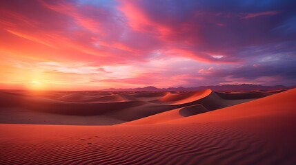 Panoramic view of sand dunes in the desert at sunset