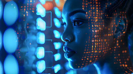 AI cyber security threat illustration, african american female IT specialist analysing data information technology, augmented reality artificial intelligence blue collage, matrix numbers, copy space