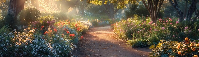 When the gentle breeze carries the scent of fresh blooms in the deserted garden at daybreak