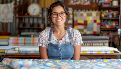 Fototapeta premium Happy young woman with down syndrome working at a fabric store, smiling brightly