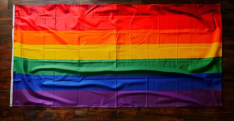 Fototapeta premium A rainbow flag is shown on a wooden floor.