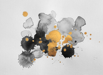 Black and Gold bronze glitter brushstroke watercolor painting blot drop smear. Abstract glow shine...