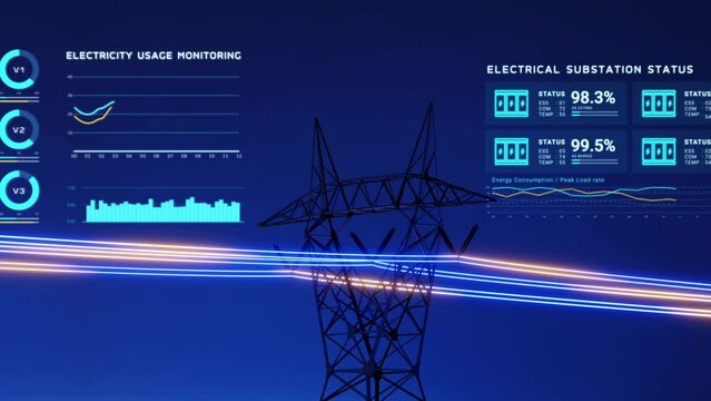 Electric transmission tower with glowing electricity flowing, electrical power transmit from high voltage substation infrastructure to city, energy usage monitoring dashboard interface 3d rendering 